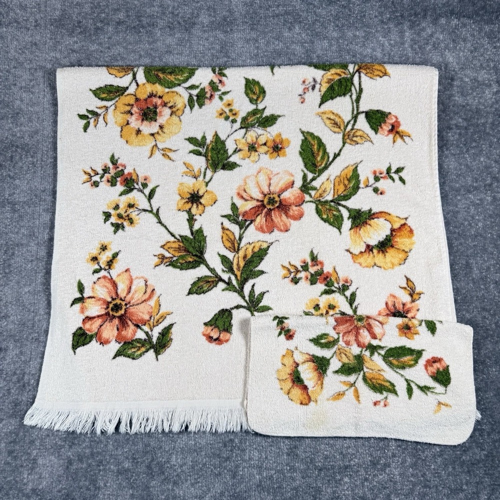 Vintage Cannon Bath Towel and Washcloth Set‎ Floral Monticello USA
